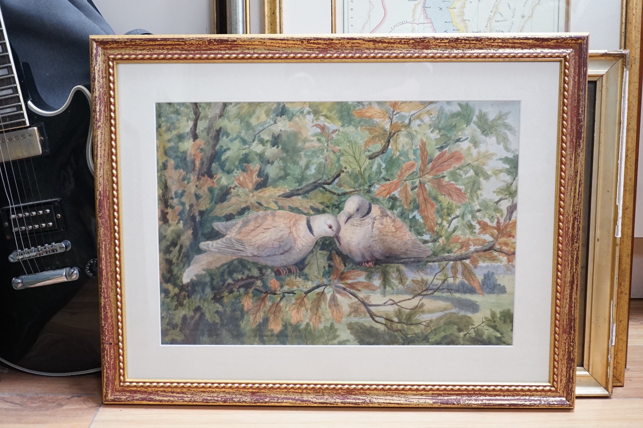 Parker Hagarty (1854-1934), watercolour, River landscape, signed, 25 x 34cm, and two watercolours, a still life of fruit and a study of doves by Edith Cottam (Exh.1886-1892), signed and dated 1892, 32 x 46cm